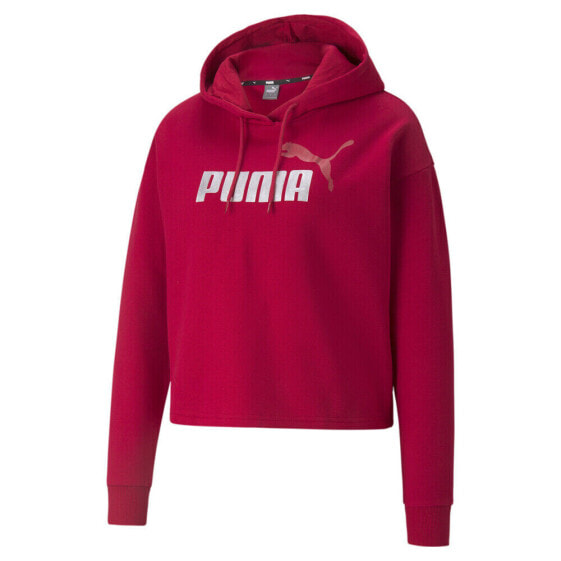 Puma Ess+ Cropped Metallic Logo Pullover Hoodie Womens Red Casual Outerwear 5868