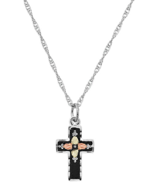 Black Hills Gold cross Pendant 18" Necklace in Sterling Silver with 12K Rose and Green Gold