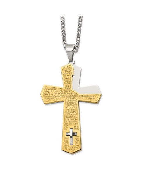 Yellow IP-plated Lord's Prayer Cross Pendant Curb Chain Necklace