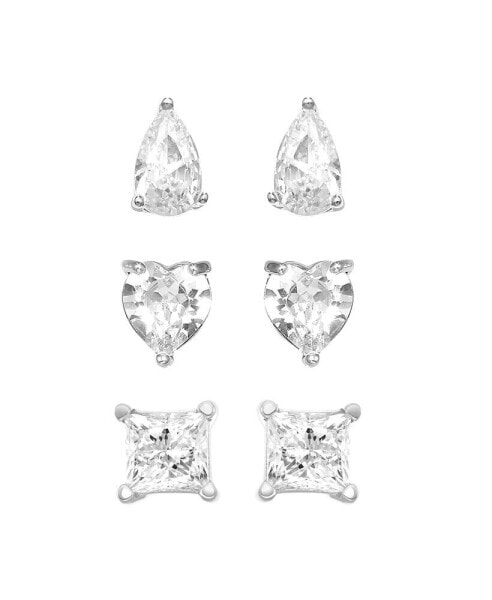3pc Set Cubic Zirconia Stud Earrings Silver Plated