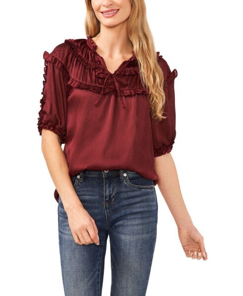 Women's Short Sleeve Shirred Yoke Top with Self Neck Tie