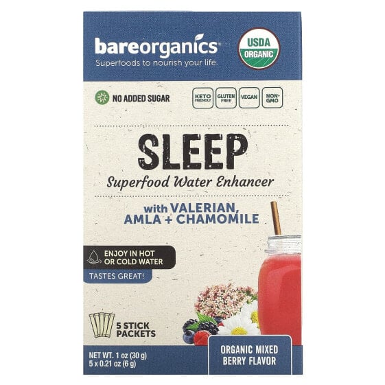 Средство для здорового сна BareOrganics Sleep, Органические Ягоды, 12 пакетиков по 6 г
