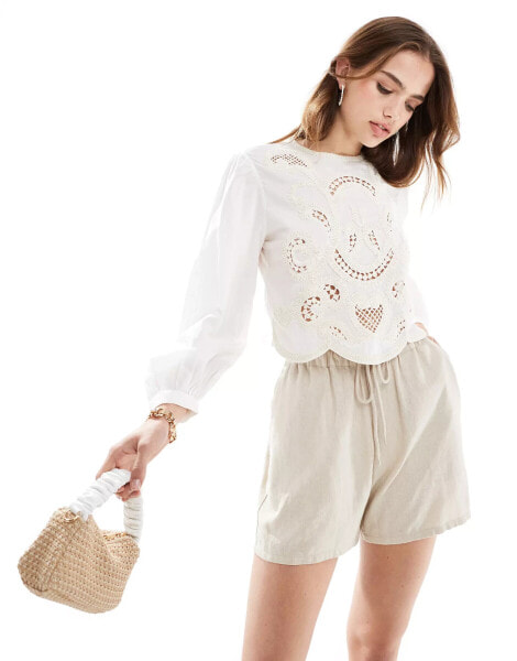 Mango broderie long sleeve top in white