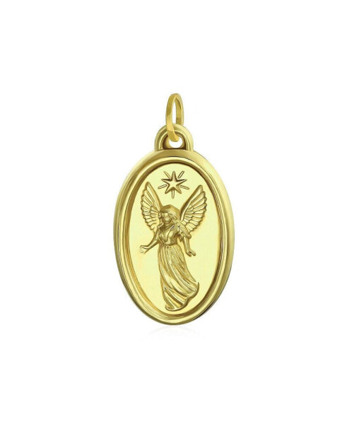 14K Yellow Real Gold Religious Oval Medal Guardian Angel Pendant Necklace For Women For Teen NO Chain