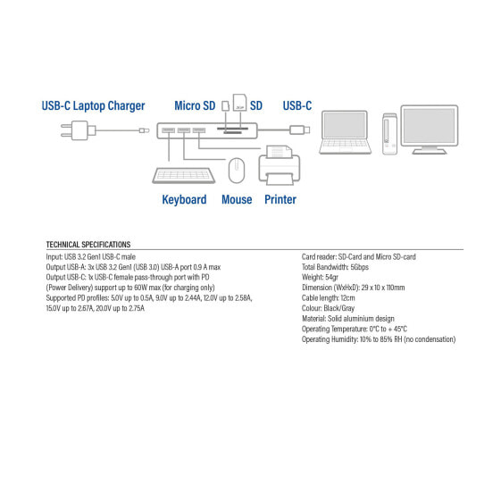 ACT AC7050 USB-C Hub 3 port with cardreader and PD pass through - USB 3.2 Gen 1 (3.1 Gen 1) Type-C - 60 W - Black - Grey - MicroSD (TransFlash) - SD - USB 3.2 Gen 1 (3.1 Gen 1) Type-A - USB 3.2 Gen 1 (3.1 Gen 1) Type-C - Aluminium