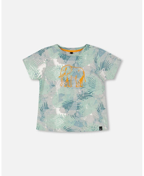 Boy Organic Cotton Printed T-Shirt Green Jungle Leaves Print - Child