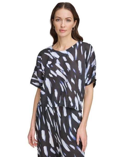 Women's Printed Linen Drop-Shoulder Short-Sleeve Crop Top