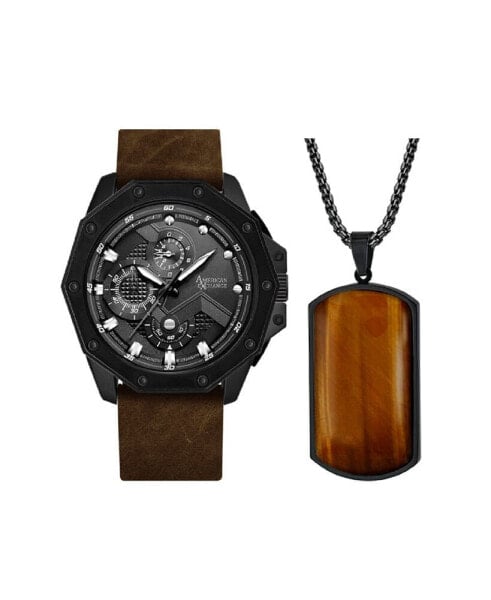 Men's Analog, Three-Hand Quartz Matte Brown Leather Strap Watch 48mm Gift Set
