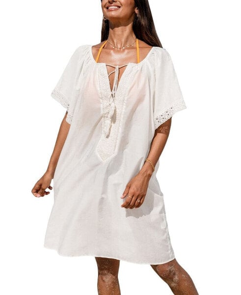 Women's White Scoop Neck Tassel Tie Cover-Up Beach Dress