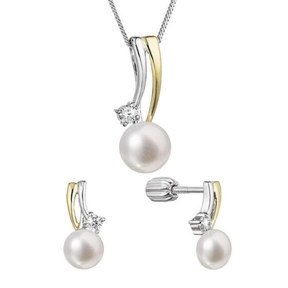 Pearl jewelry set with zircons and river pearl 29071.1B (earrings, chain, pendant)