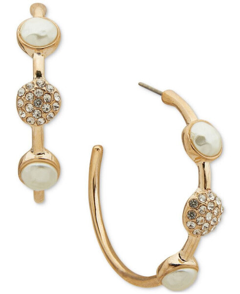 Gold-Tone Medium Pavé & Imitation Pearl Disc C-Hoop Earrings, 1.25"