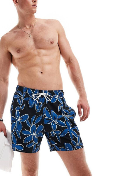 Hollister 9inch floral print swim short  in black and blue with side pockets