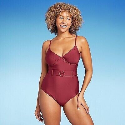 Women's Underwire Belted One Piece Swimsuit - Shade & Shore Red XL