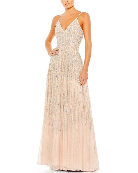 Mac Duggal Embellished V Neck Sleeveless Column Gown Women's