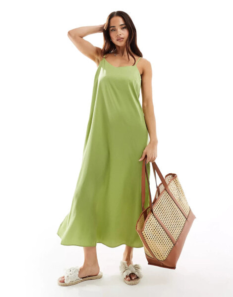 New Look plain satin strappy midi dress in green