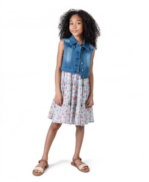 Big Girls Denim Vest Dress Outfit with Necklace, 3 PC