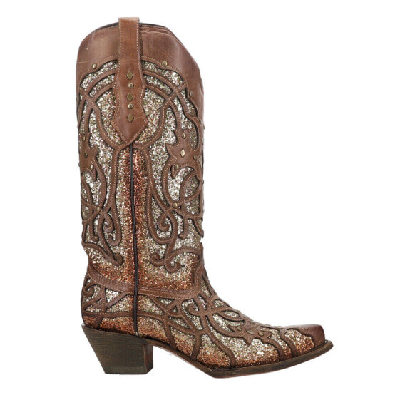 Corral Boots Glitter TooledInlay Snip Toe Cowboy Womens Brown Dress Boots C3331