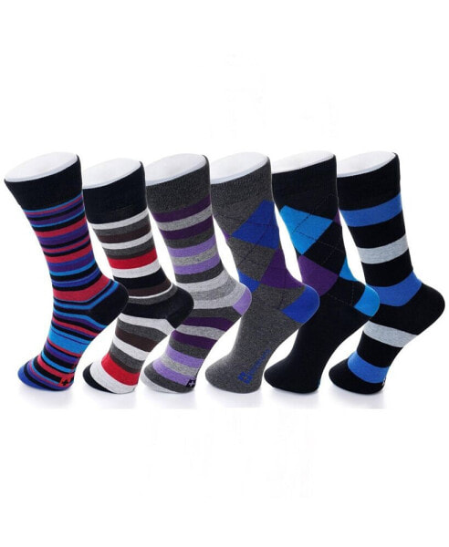 6 Pack Mens Cotton Dress Socks Mid Calf Argyle Pattern Solids Set