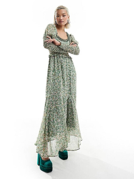 Sister Jane shirred tie back midaxi dress in green floral