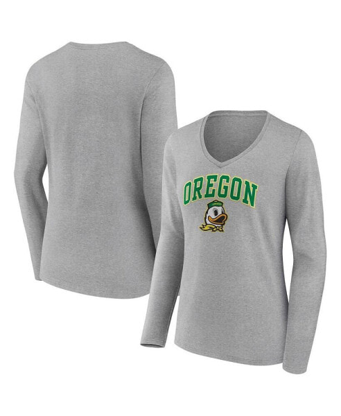 Women's Heather Gray Oregon Ducks Evergreen Campus Long Sleeve V-Neck T-shirt