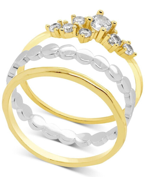 Two-Tone 3-Pc. Set Cubic Zirconia & Textured Stack Rings