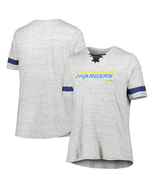 Women's Heather Gray Los Angeles Chargers Plus Size Lace-Up V-Neck T-shirt