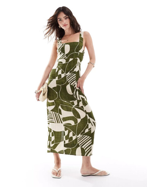 ASOS DESIGN square neck tie back linen midi sundress in green abstract print