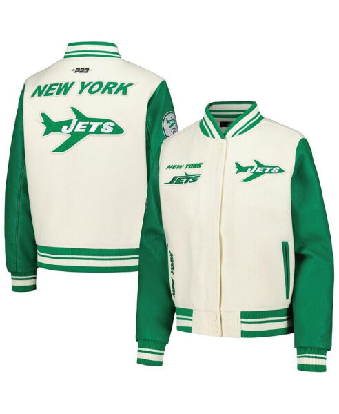 Women's Cream Distressed New York Jets Retro Classic Vintage-Like Full-Zip Varsity Jacket