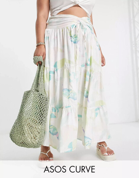 ASOS DESIGN Curve exclusive ruched channel maxi skirt in swirl print