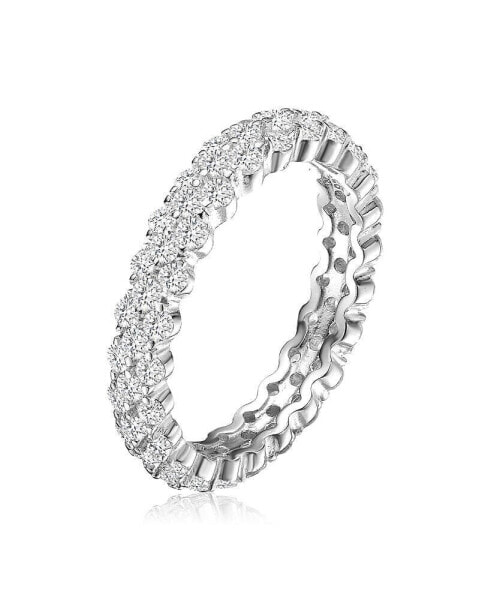 Sterling Silver with Rhodium Plated Clear Round Cubic Zirconia Curved Eternity Ring