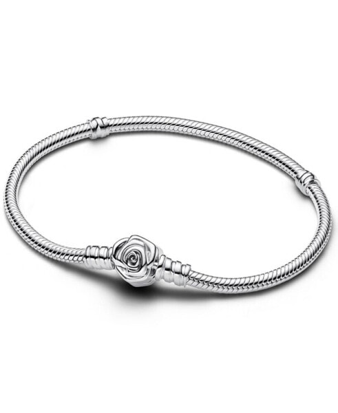 Rose Bloom Clasp Snake Chain Bracelet in Sterling Silver
