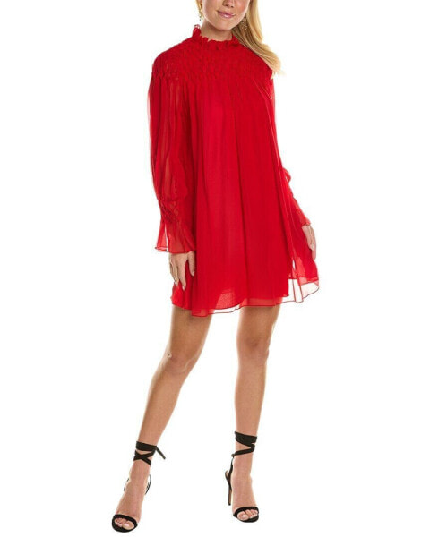 Rebecca Taylor Diamond Smocked Mock Neck Silk Mini Dress Women's Red Xs