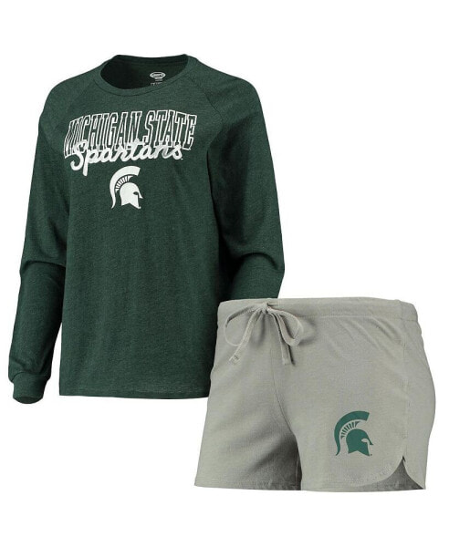 Women's Green, Gray Michigan State Spartans Raglan Long Sleeve T-shirt and Shorts Sleep Set