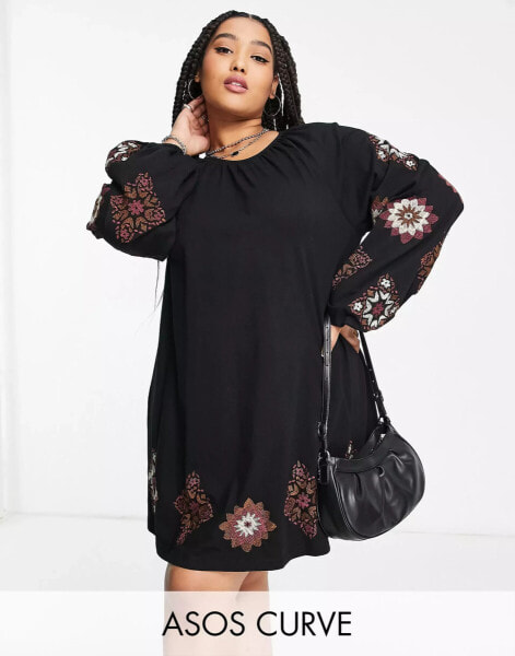 ASOS DESIGN Curve long sleeve mini smock dress with cross stitch embroidery in black