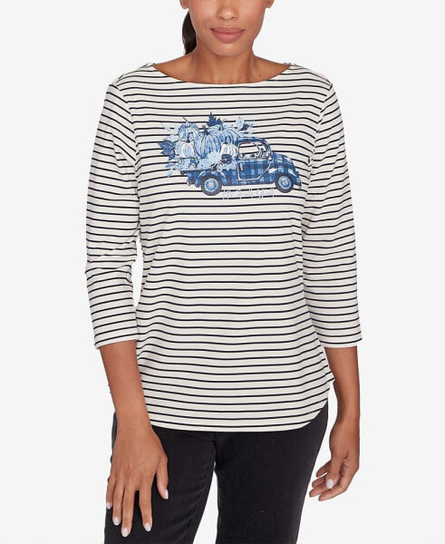 Petite Scoop Neck Fall Y'All Truck Striped Knit Top