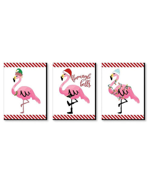 Flamingle Bells - Christmas Wall Art Holiday Decor 7.5 x 10 in - Set of 3 Prints
