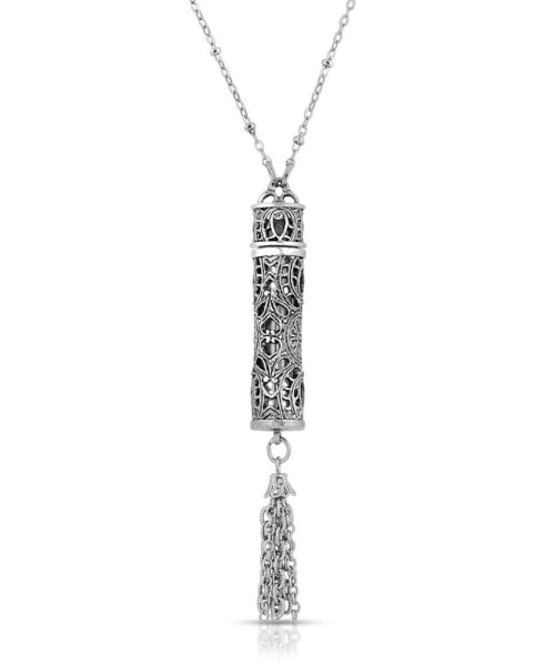 2028 pewter Filigree Vial with Tassel Necklace