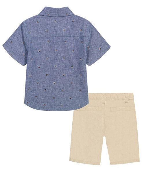 Toddler Boys Prewashed Printed Chambray Short Sleeve Shirt and Twill Shorts, 2 Piece Set