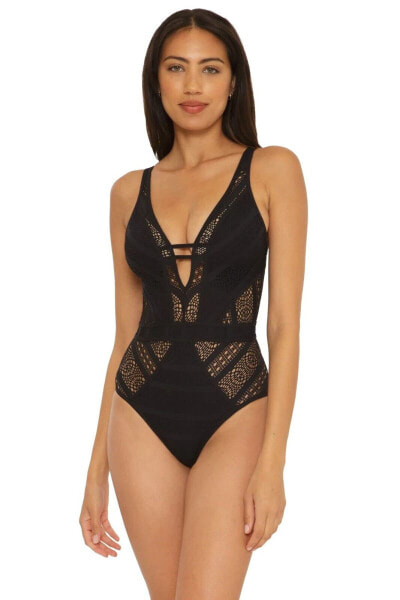 Becca by Rebecca Virtue Color Play Crochet Plunge One-Piece Black Size MD