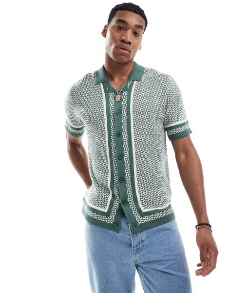 Threadbare knitted short sleeve revere collar shirt in dark forest green