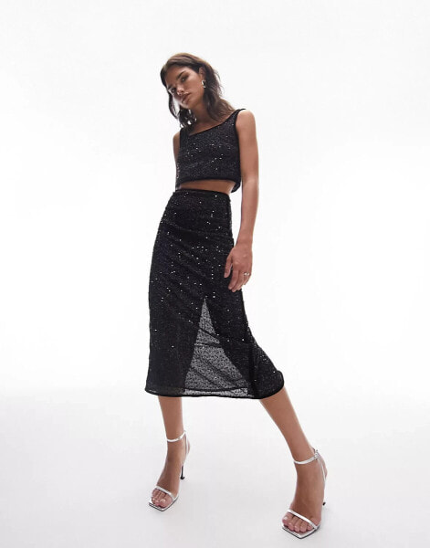 Topshop co-ord sequin midi skirt in black