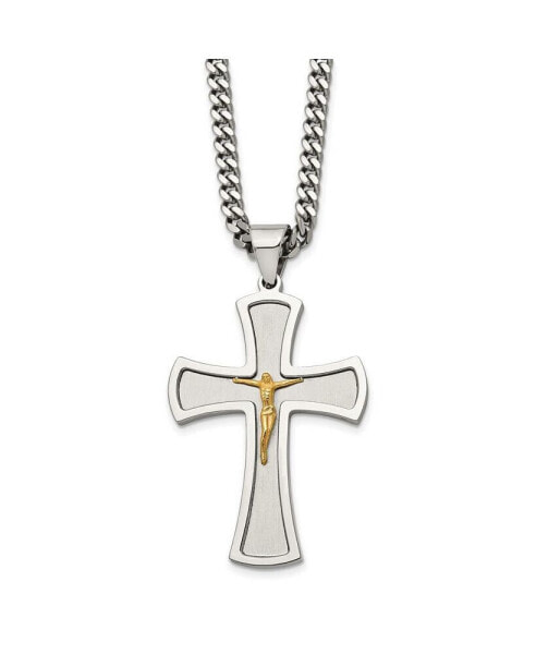 Brushed Yellow IP-plated Crucifix Pendant Curb Chain Necklace