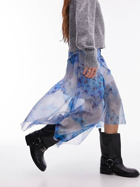 Topshop asymmetric midi skirt in blue washed floral