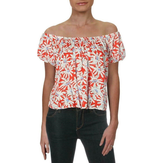 Aqua 252995 Womens Red Floral Off-The-Shoulder Blouse Pullover Top Shirt Size M