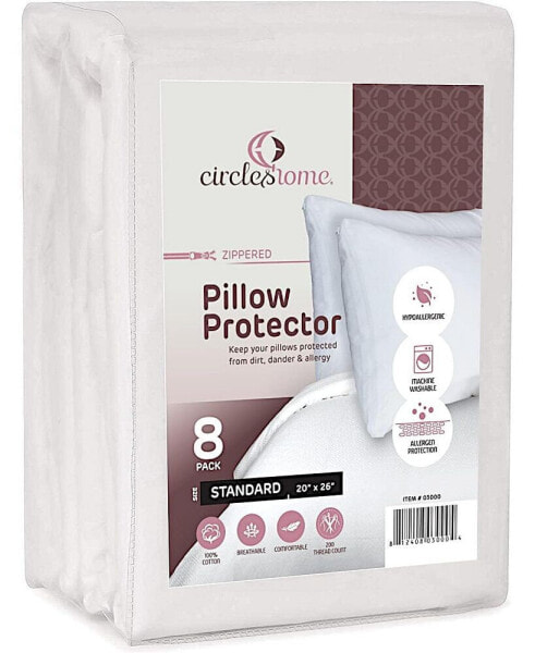 Circles Home 100% Cotton Breathable Pillow Protector with Zipper – White (8 Pack)