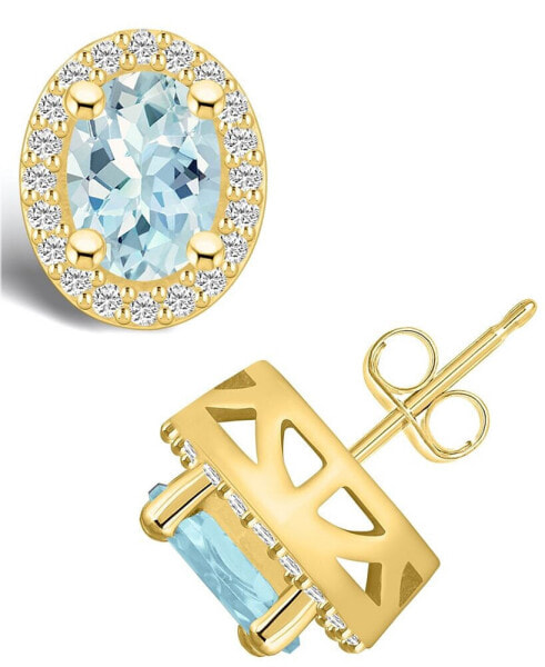 Aquamarine (2-1/3 ct. t.w.) and Diamond (3/8 ct. t.w.) Halo Stud Earrings in 14K Yellow Gold