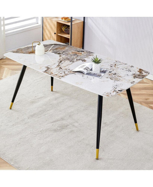 Marble Patterned Stone Dining Table with Black Metal Legs