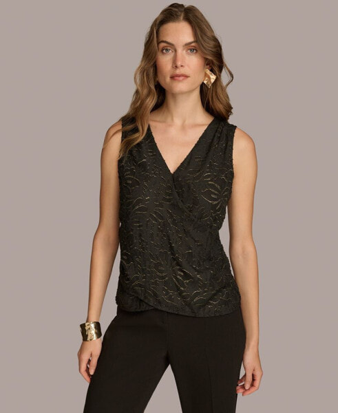 Women's Metallic Floral Faux-Wrap Sleeveless Blouse