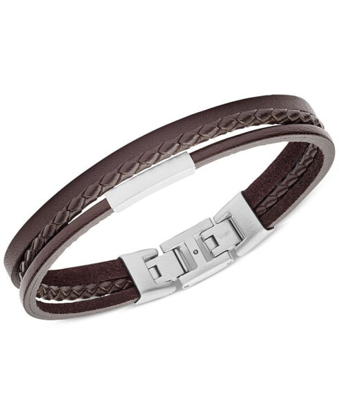 Men's Multi-Strand Silver-Tone Steel and Brown Leather Bracelet