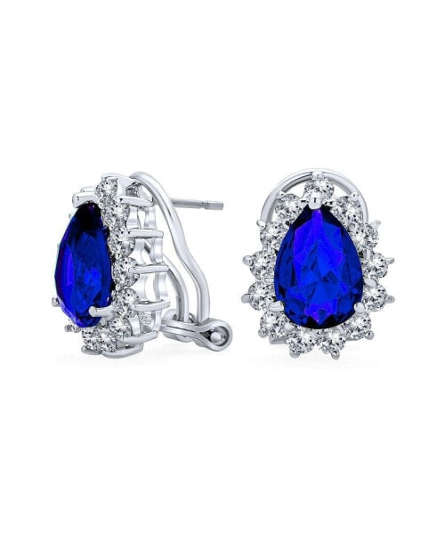 Classic Style Cocktail Wedding Party 2.5CT Royal Blue Sapphire Simulated AAA CZ Halo Pear Shaped Teardrop Stud Earrings For Women Omega Back